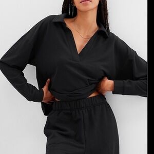 GAP Relaxed Cloudlight Polo Sweatshirt black size small v neck pullover
